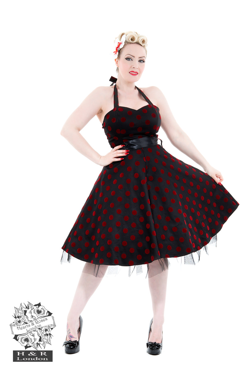 Black Red Flocked Polka Dot Swing Dress